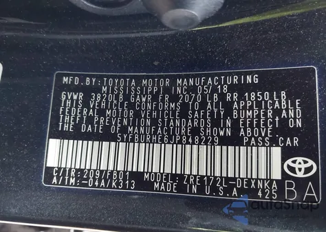 2018 Toyota Corolla Le from USA, damaged, VIN 5YFBURHE6JP848229